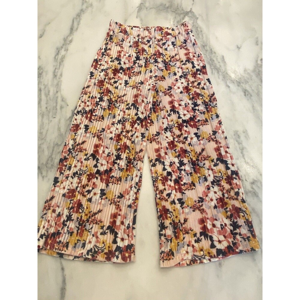 Janie And Jack Pleated Velvet Wide Leg Girls Pants Pink Floral Size 8